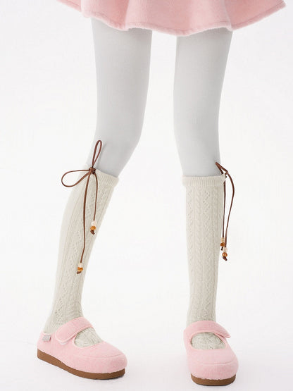 Detail with Bow Socks Knit 5-Color Bead Calf Pointelle