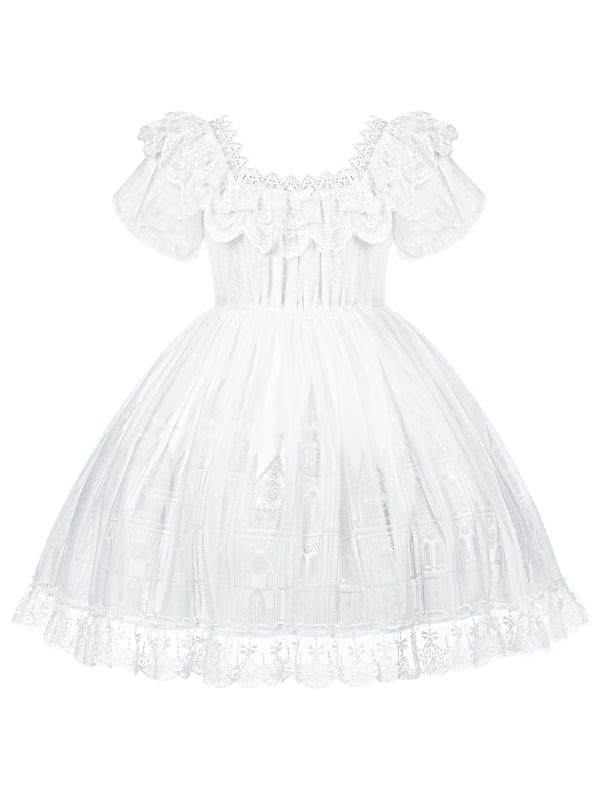 Short Version Gothic Print Lolita Trim Dress Cross Lace Neckline Goth Castle White Square