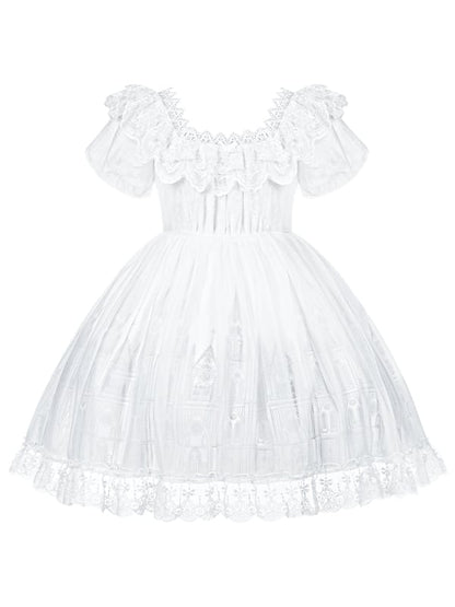 Short Version Gothic Print Lolita Trim Dress Cross Lace Neckline Goth Castle White Square