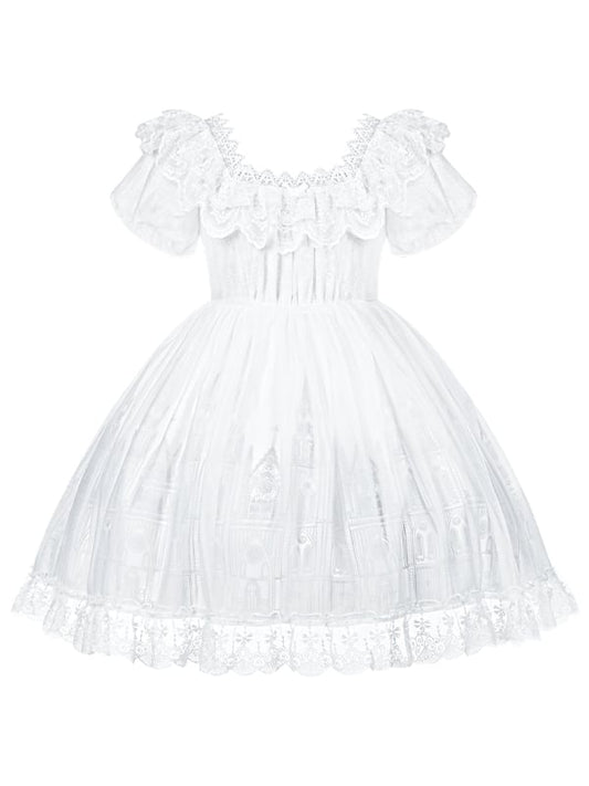 Short Version Gothic Print Lolita Trim Dress Cross Lace Neckline Goth Castle White Square