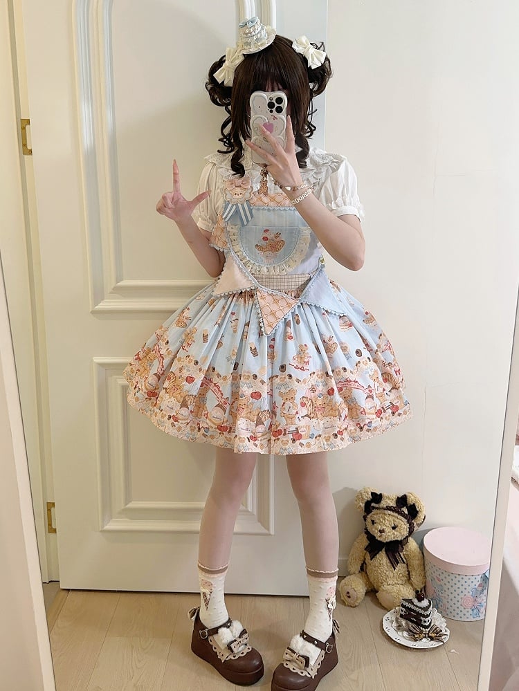 Blaues süßes Teddybär- und Dessert-Lolita-Overallkleid