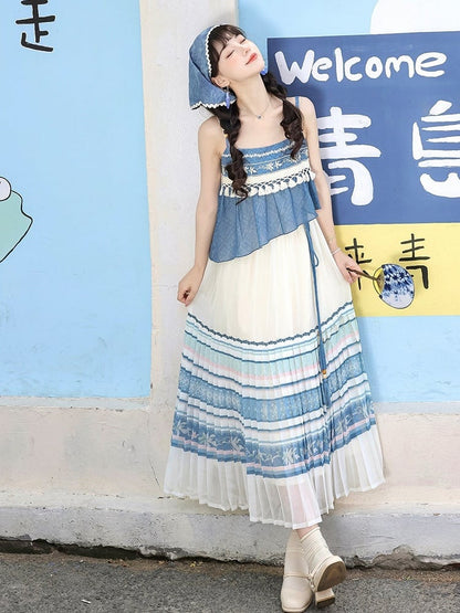 White and Blue Lace Tassel Cardigan with Floral Print Sleeveless Pleated Dress - Han Ru Chu Hanfu &amp; Han-Element Studi