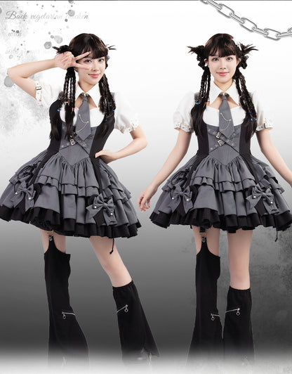 Gray and Black Under Bust Techwear Buckle Strap Lolita Dress