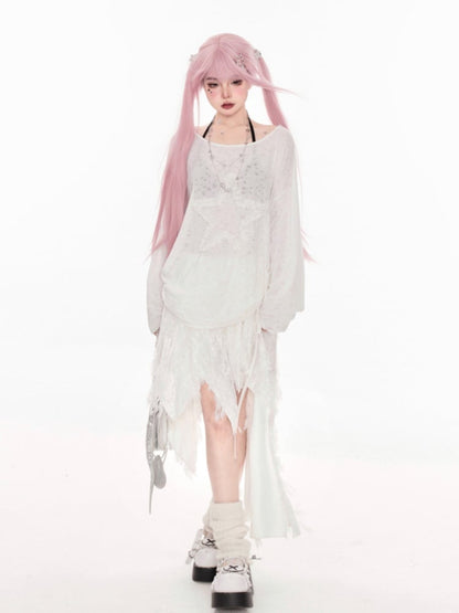 ホワイトのアシンメトリーネックライン、フリル付きスタードローストリングサイドカバーアップ