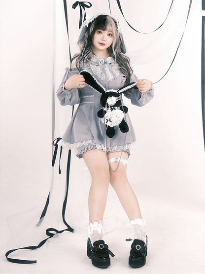 Set: Size Top Blue Elastic Jirai Light Kei Waist Cutout Plus Shorts Shoulder