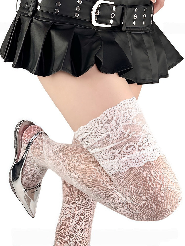 Black/White/Gray Lace Trim Floral Pattern Over Knee Stockings