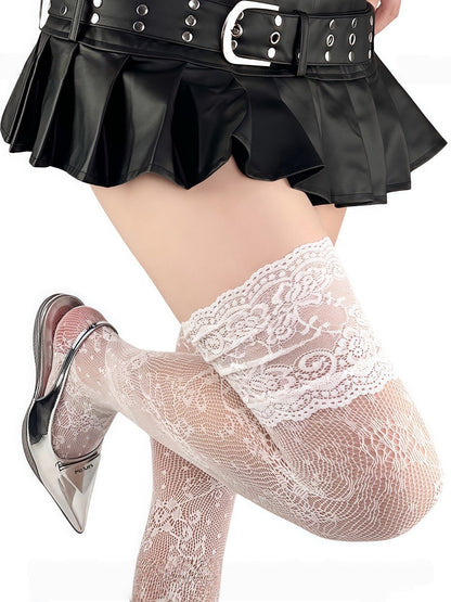 Black/White/Gray Lace Trim Floral Pattern Over Knee Stockings