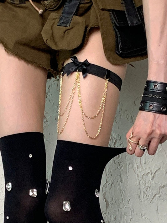 Charm Verzierte Kette Y2K Strumpfband Schwarz Bowknot