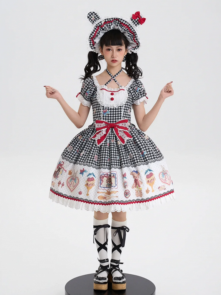 Black Print Kitty Teddy Gingham Sweet Lolita Dress and Short Sleeves