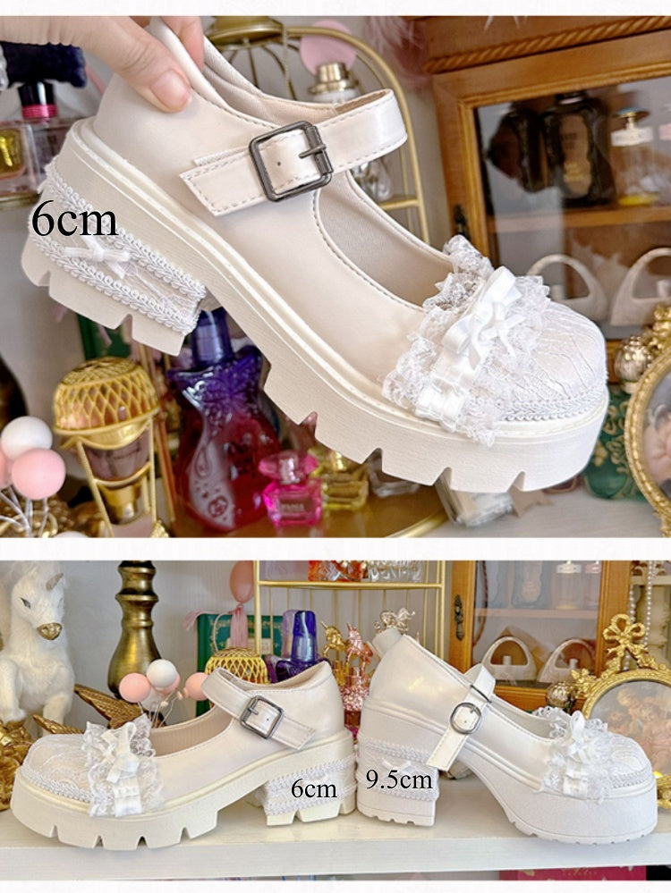 Off-White Lolita Mary Janes - Elegant 9.5cm Block Heel with Bow & Lace