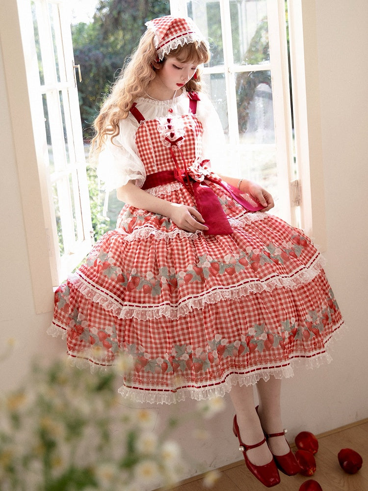 Strawberry Print Red Lolita Picnic Gingham Dress Sweet Lolita Jumper Skirt