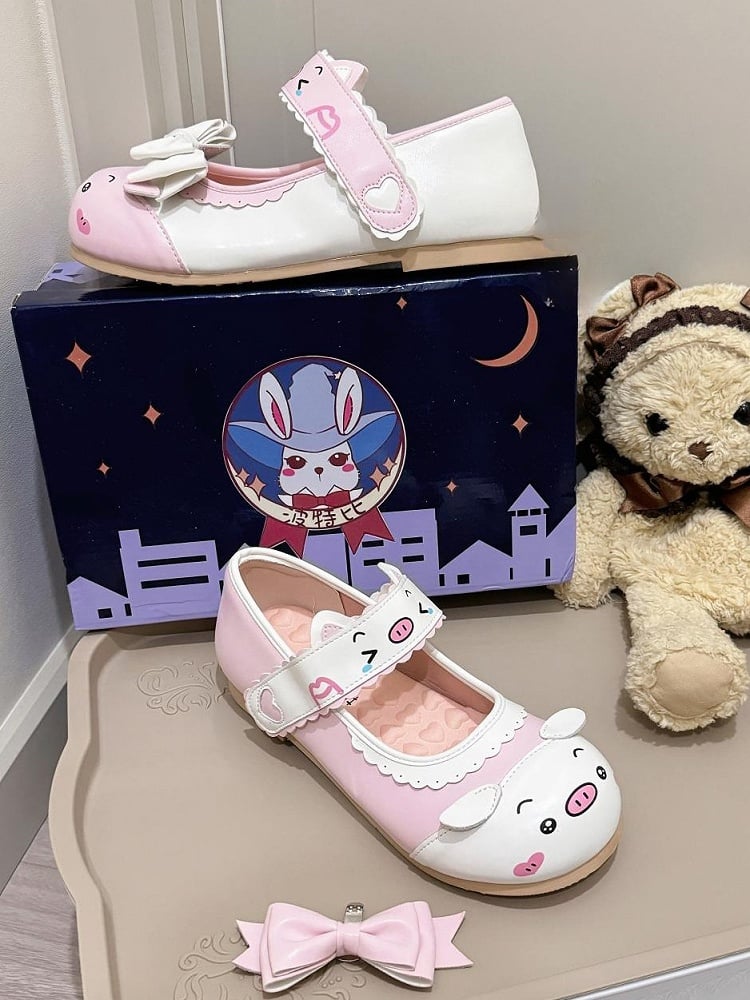Detachable PU White Bow Flats Piggy with Cute Pink Themed