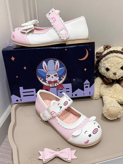 Pink Themed Piggy Detachable Bow White with Flats PU Cute