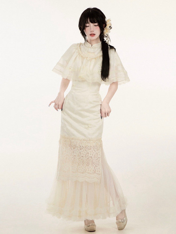 Jacquard Dress Set Panel Hem Lace Qi Full Slit Banded Butterfly Side Qipao Lolita Collar