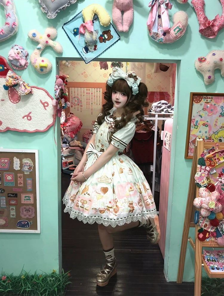 Grüne süße Minze Lolita Thema Desserts zweiteilige Print Kleid gefälschte Design Bär