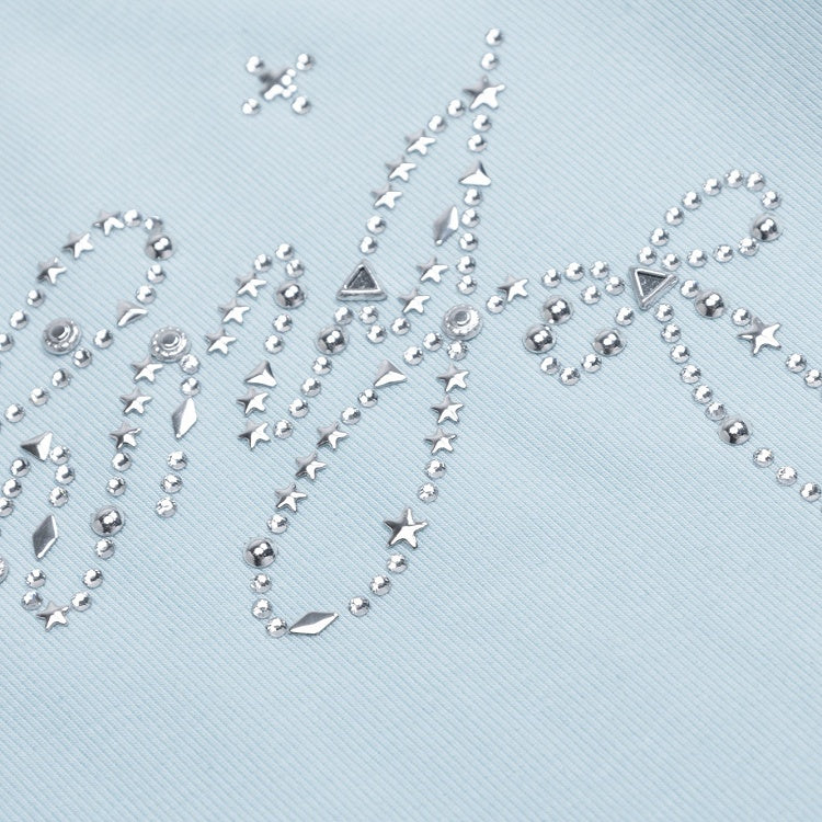 One-Shoulder Lace-Up Short Sleeve T-Shirt with Rhinestone Letter Embellishment Blue/White/Black