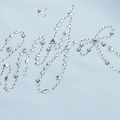 One-Shoulder Lace-Up Short Sleeve T-Shirt with Rhinestone Letter Embellishment Blue/White/Black