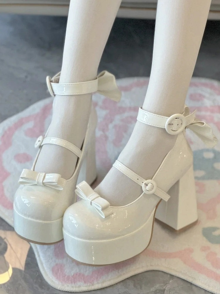 High Detachable Heel Elegant Mary with Lolita Bow - Buckle Circle White Janes Polished for Block