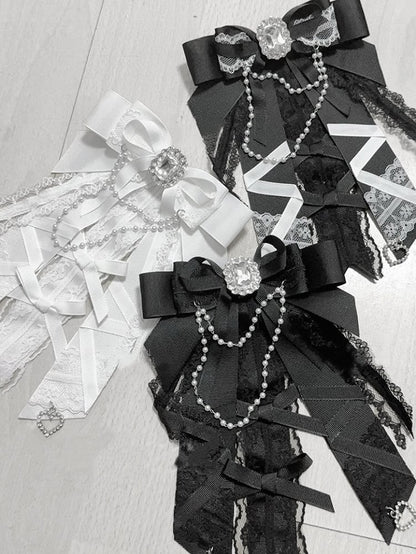 Bow with Bib Beaded Chains Tie White Jirai Kei