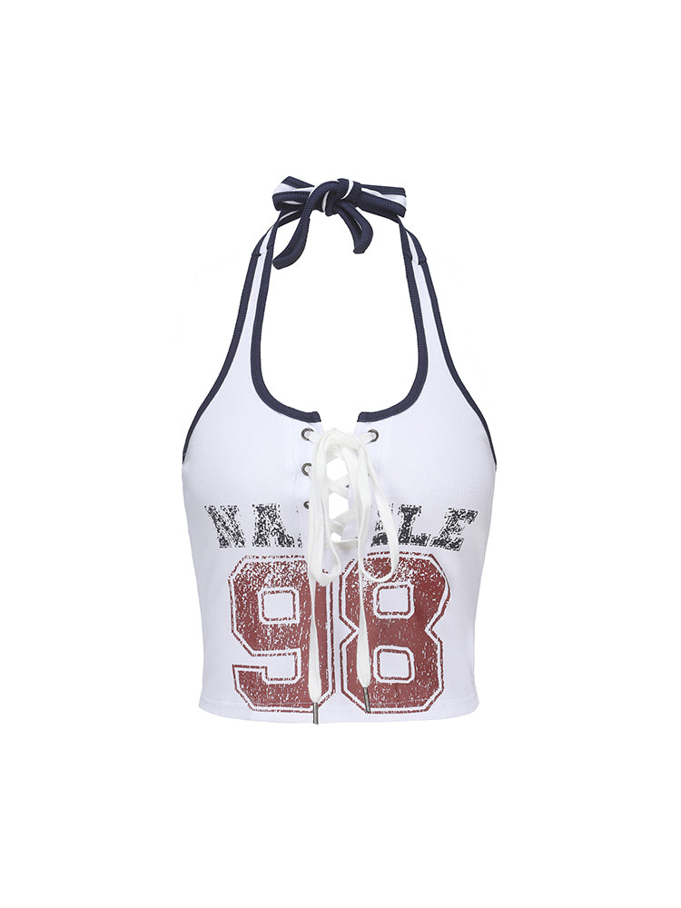 Crisscross Black Lace-ups Letter with Halter Top White Red Crop Print
