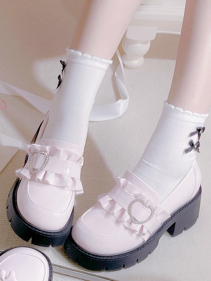 Shoes Jirai 6.5cm Pink Chunky Detail Kei with Loafers Beaded Heel Sweetheart Platform