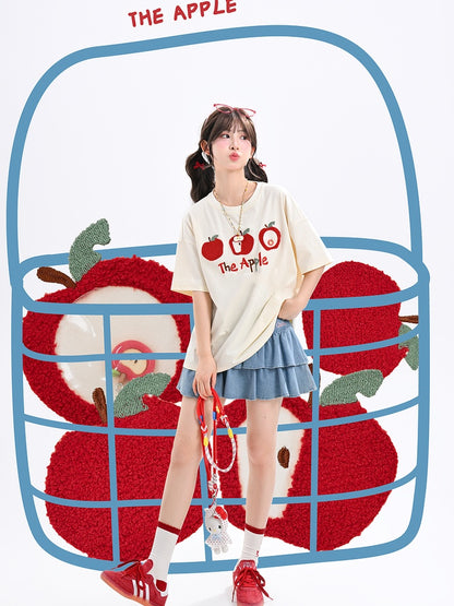 T-Shirt Apricot/Schwarz Rundhals Apfel Stickerei Locker