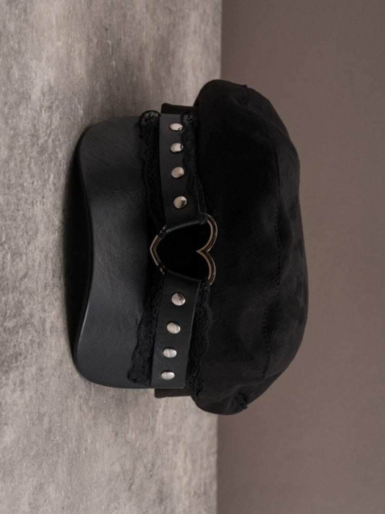 Heart Hat Gothic Lace Trim Details Black Beret Studs Ring