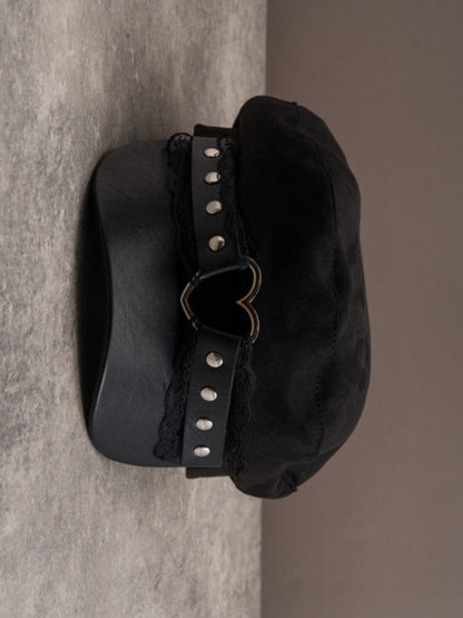 Heart Hat Gothic Lace Trim Details Black Beret Studs Ring