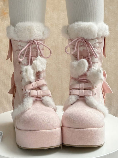 Sweet Lolita Platform Boots Pink Star Heart Bow 4cm Heel