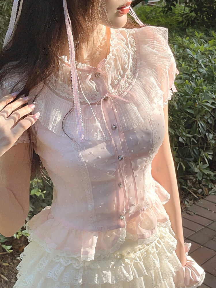 Puffärmel-Top Rosa Chiffon Polka Dot