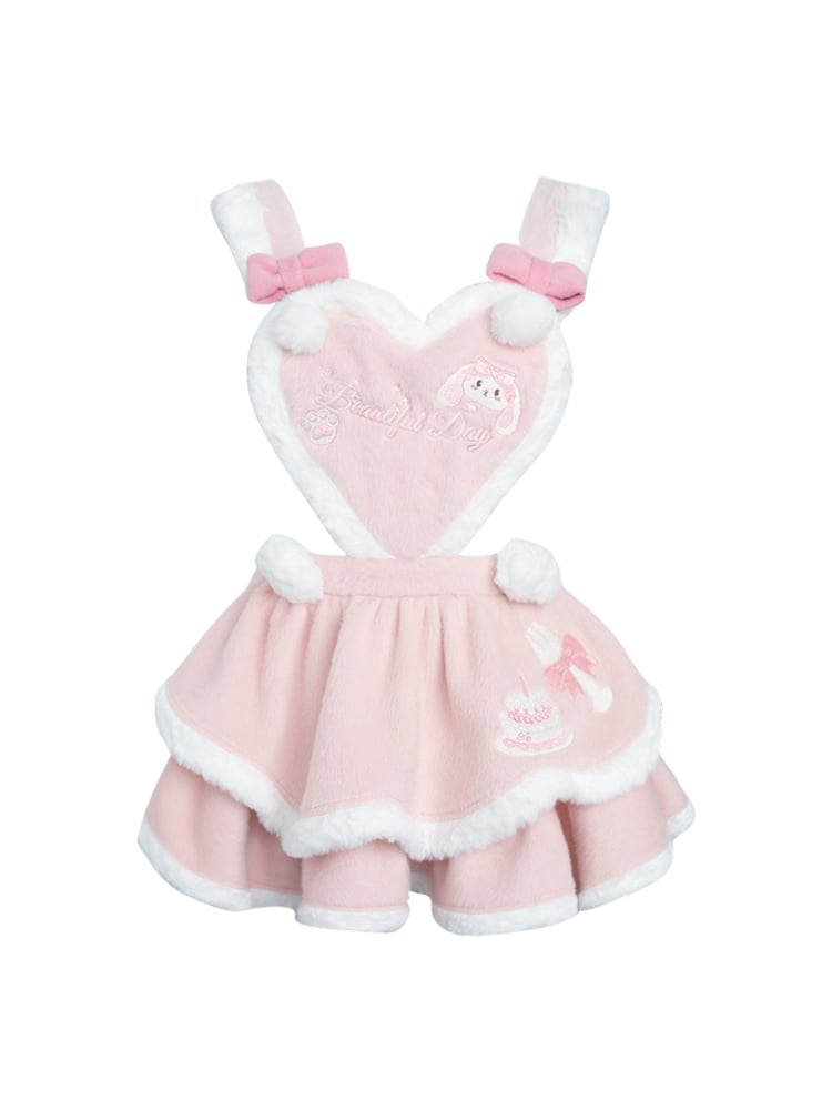 and Overall Panel Embroidered Pink Bunny with Sweet Skirt Fluffy Heart Tiered Front