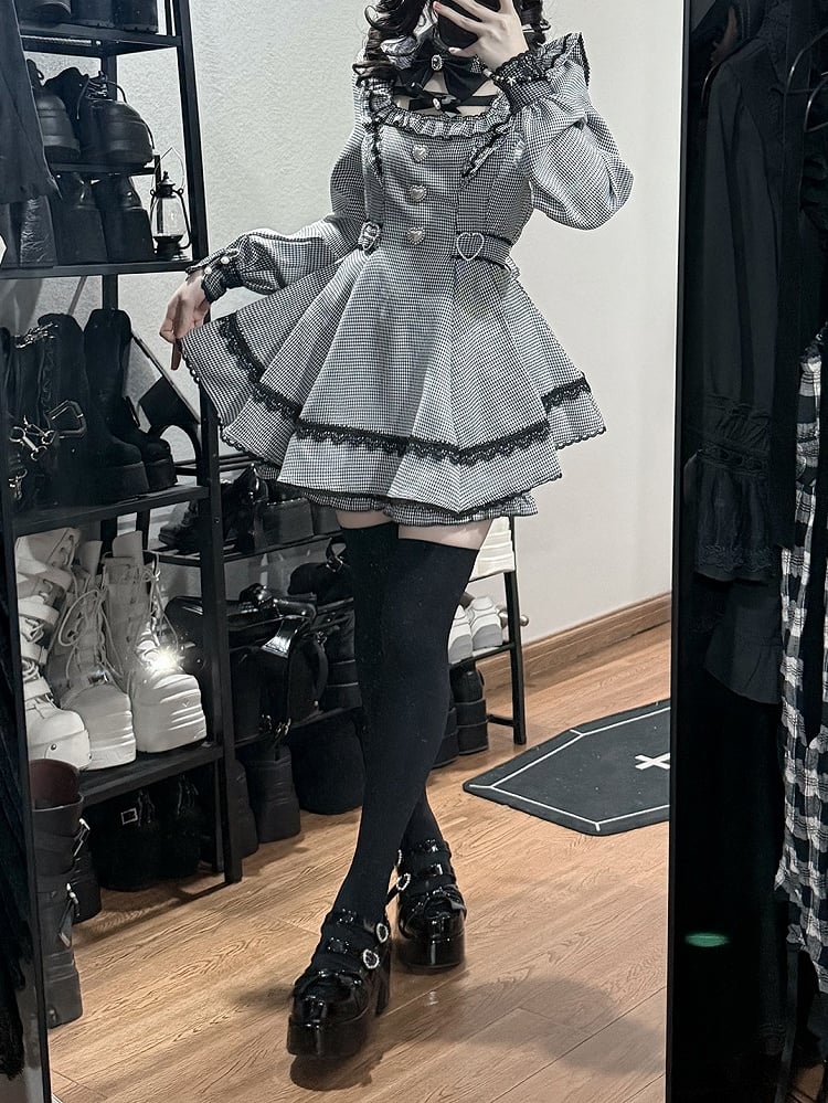 White Set with Detachable Dress Jirai Pan Kei Shorts Black Mini Peter Houndstooth Puff - Collar Matching