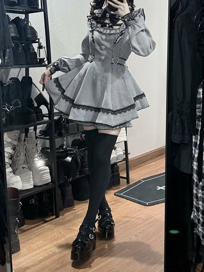 White Set with Detachable Dress Jirai Pan Kei Shorts Black Mini Peter Houndstooth Puff - Collar Matching