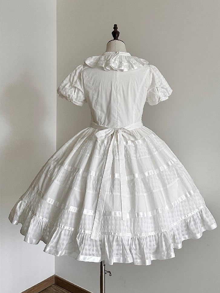 Ivory Checkered Puff Sleeve Lolita One-Piece Dress