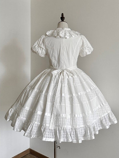 Ivory Checkered Puff Sleeve Lolita One-Piece Dress