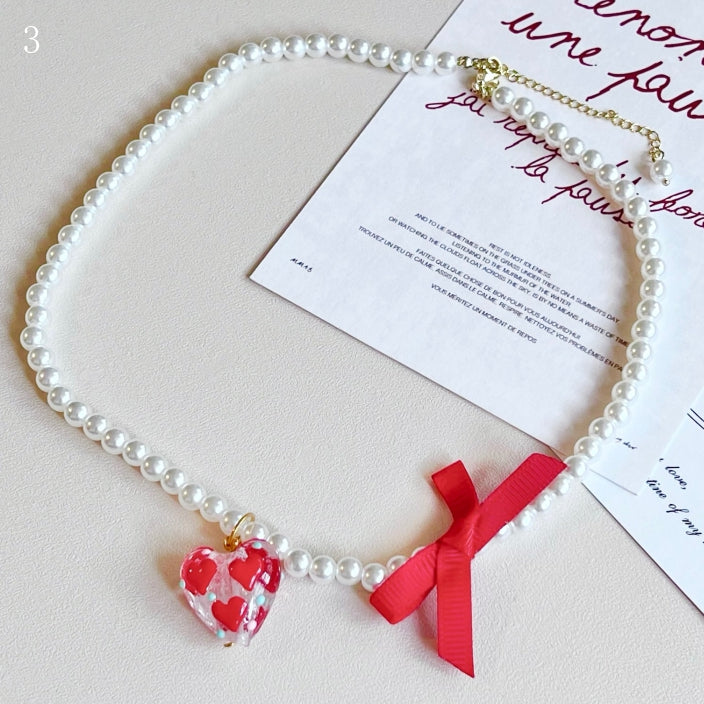 Necklace Bowknot White Pendant Details Beaded 4 Options Cherry/Strawberry/Heart