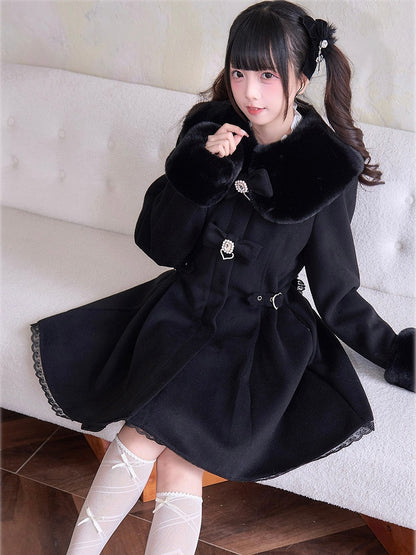 Lace and Rhinestone with Cuffs Coat Collar Fuzzy Kei Accent Bow Black Jirai Trim