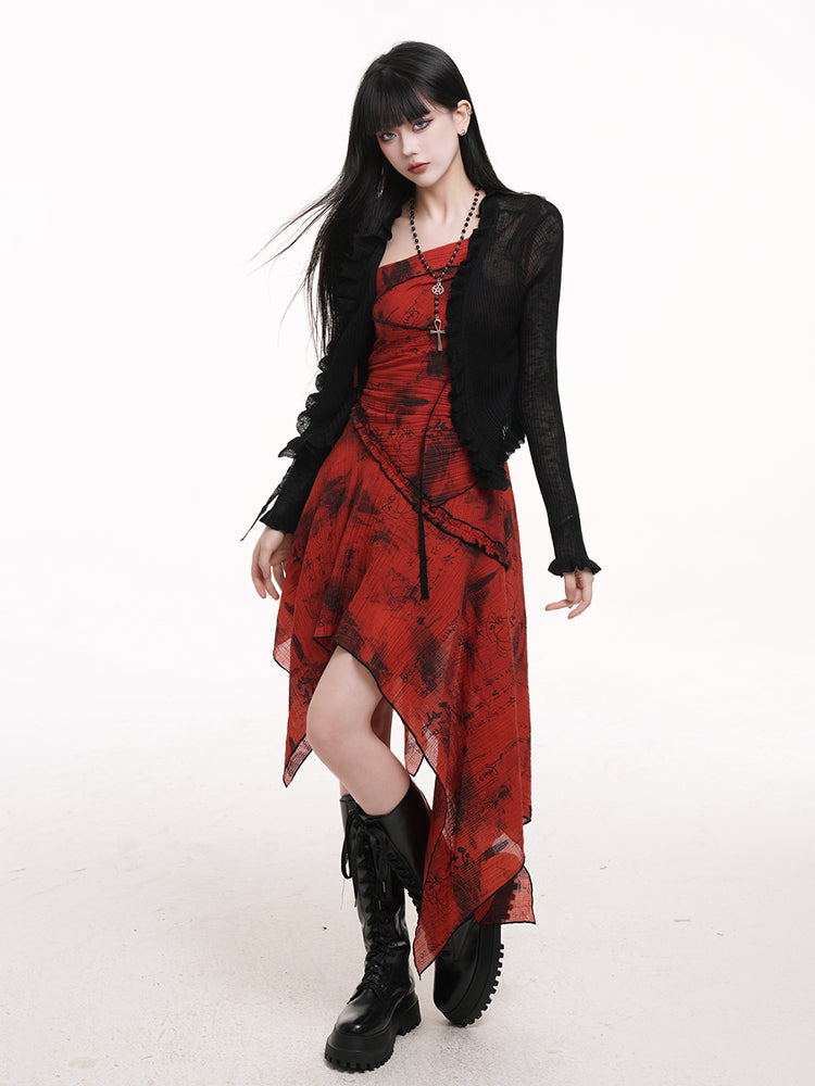 with Tie-Front Cardigan Trim Black Cropped Ruffle Design