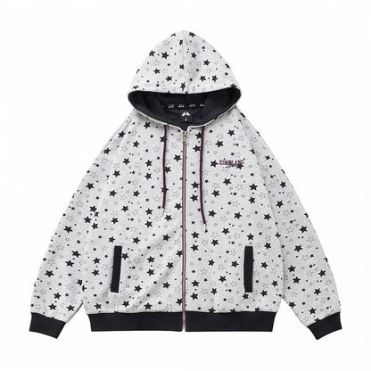 Grey Y2K Hoodie Jacket with Star-print