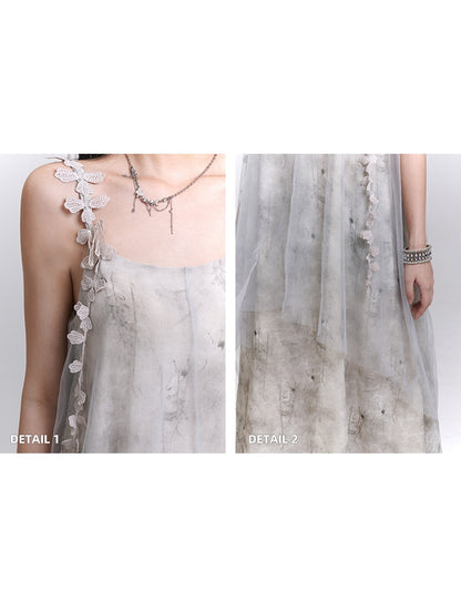 Gray with Ribbons Layered Dress Embroidered Slip Tulle Floral Hem Asymmetrical