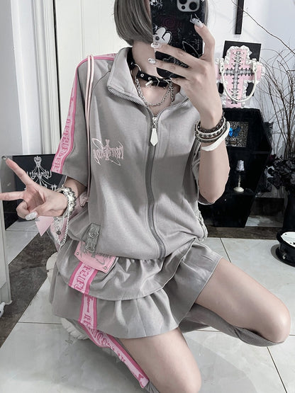 with Trim Cross Ruffle Multi-Layer Skirt Pink Text Gray