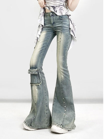 Verzierte Jeans, verblasste Bündchen, Y2K, ausgefranst, glamourös, blau, roh, Schlagtasche, Silhouette, gewaschen und