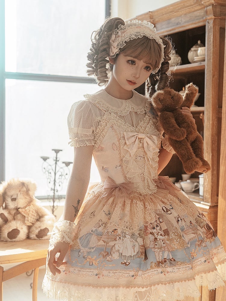 Korsett Party Süßer Pullover Print Mieder Rock Kleid Beige Tea Kitty Lolita