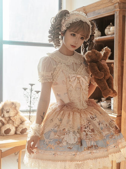 Korsett Party Süßer Pullover Print Mieder Rock Kleid Beige Tea Kitty Lolita