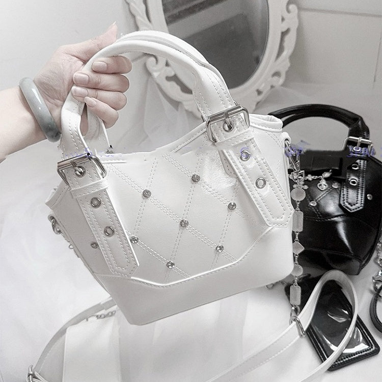 Black/White Chain Jirai Cross PUQuilted Crossbody/Handbagwith Kei Rhinestone