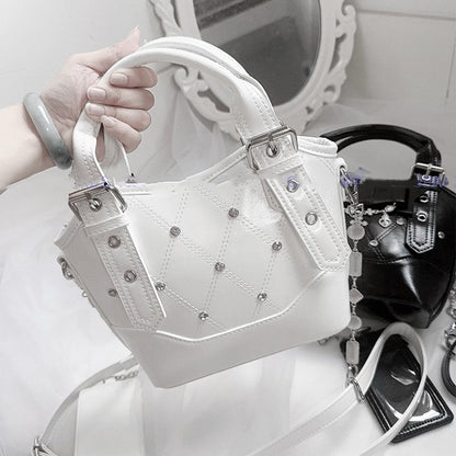 Black/White Chain Jirai Cross PUQuilted Crossbody/Handbagwith Kei Rhinestone