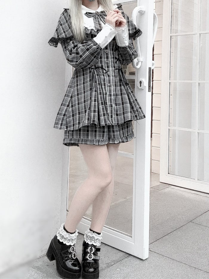 Jirai Bow + Long-Sleeve Dress Tie Design Matching Kei Shorts Set Grey Cape Lace-Up Plaid