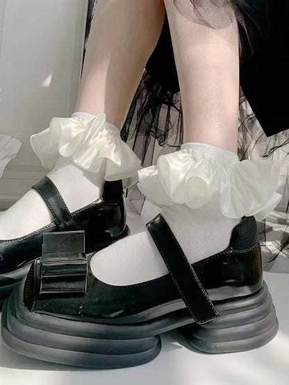 Black/White Satin Ruffled Trim Socks