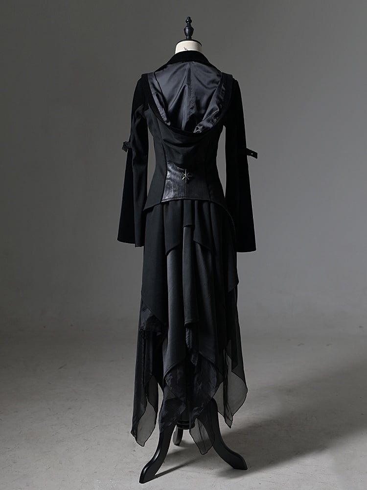 and Gothic Ouji Detachable Black Hood Irregular with Sleeves Coat Train Trumpet Lolita Trench