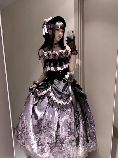 Black Cami Lolita with Flowers Classic Purple Accents Top Ruffled Elegant